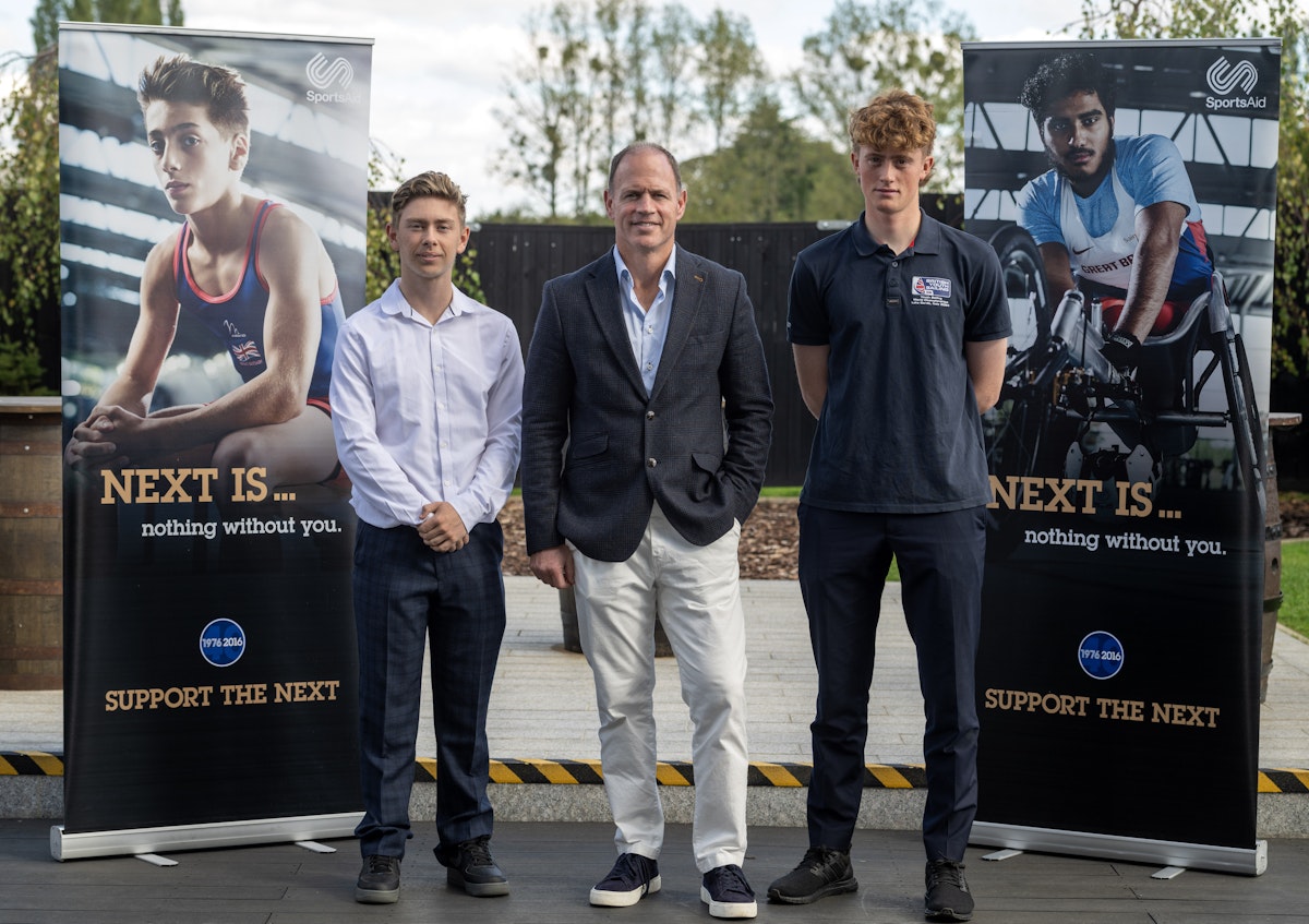 Kyran Bracken MBE pictured with grant recipients Hamish Collingridge (right), and Charlie Beeton (left)